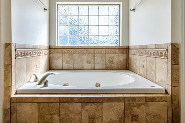 a bathroom with a bathtub