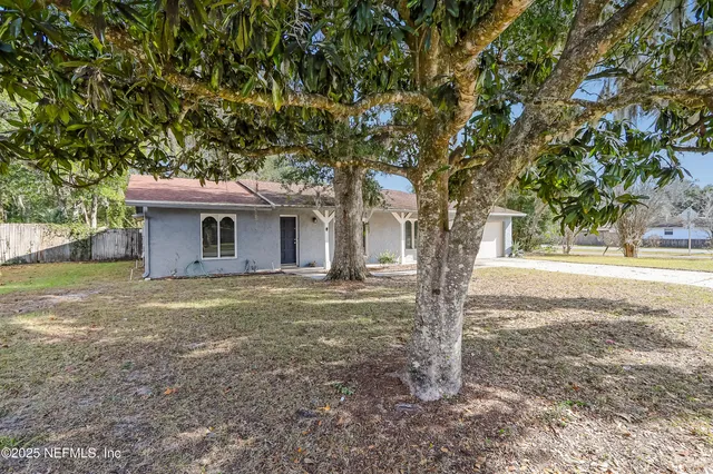 a view of a house with backyard and a tree