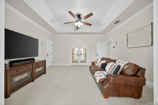 a view of a swimming pool with an outdoor seating