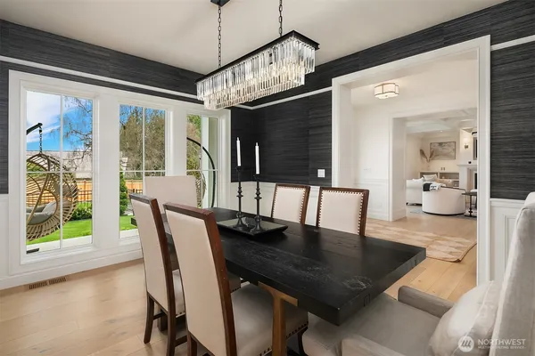 a view of a dining room with furniture window and wooden floor