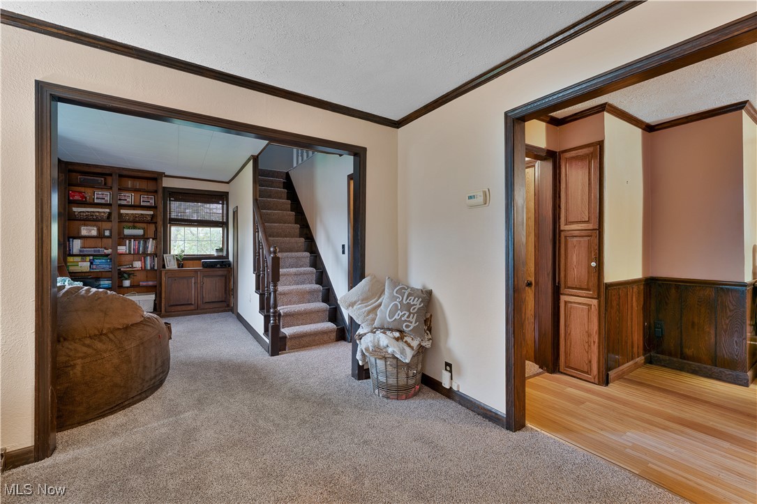 6370 Fairview Road Youngstown, OH 44515 - Photo 6 of 38 Living area with ornamental molding, stairway, light colored carpet, a textured ceiling, and wooden walls