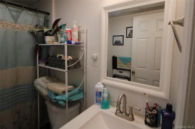 a bathroom with a sink a toilet and a mirror