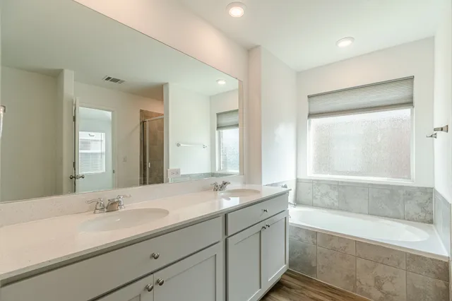 a bathroom with 2 sink tub and a mirror