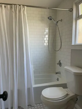 a bathroom with a shower and a toilet
