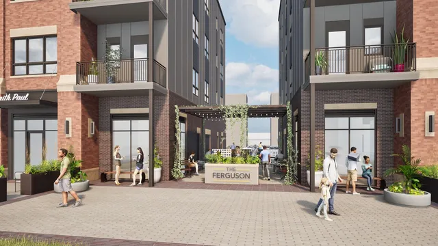 front view of a building with a street