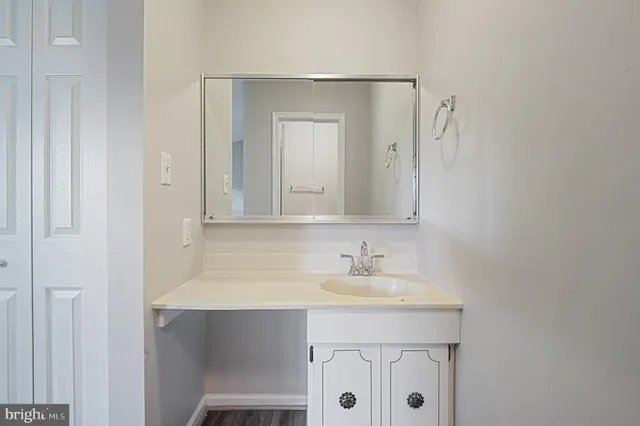 a bathroom with a sink vanity and a mirror