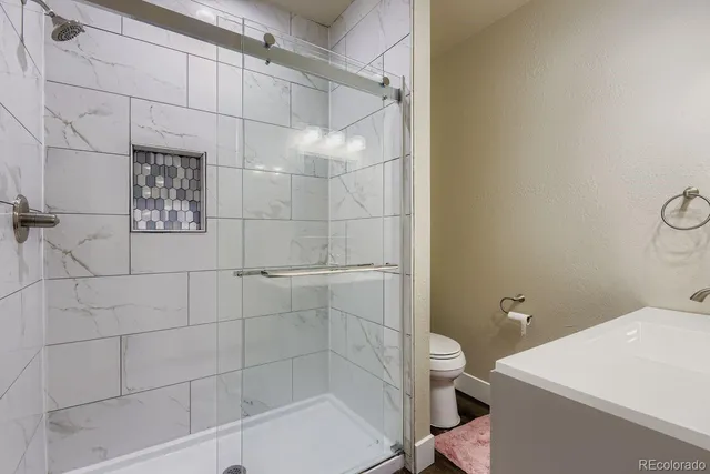 a bathroom with a shower and a toilet