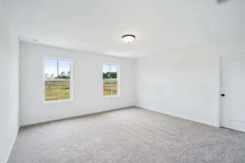 a view of a field with trees in the background