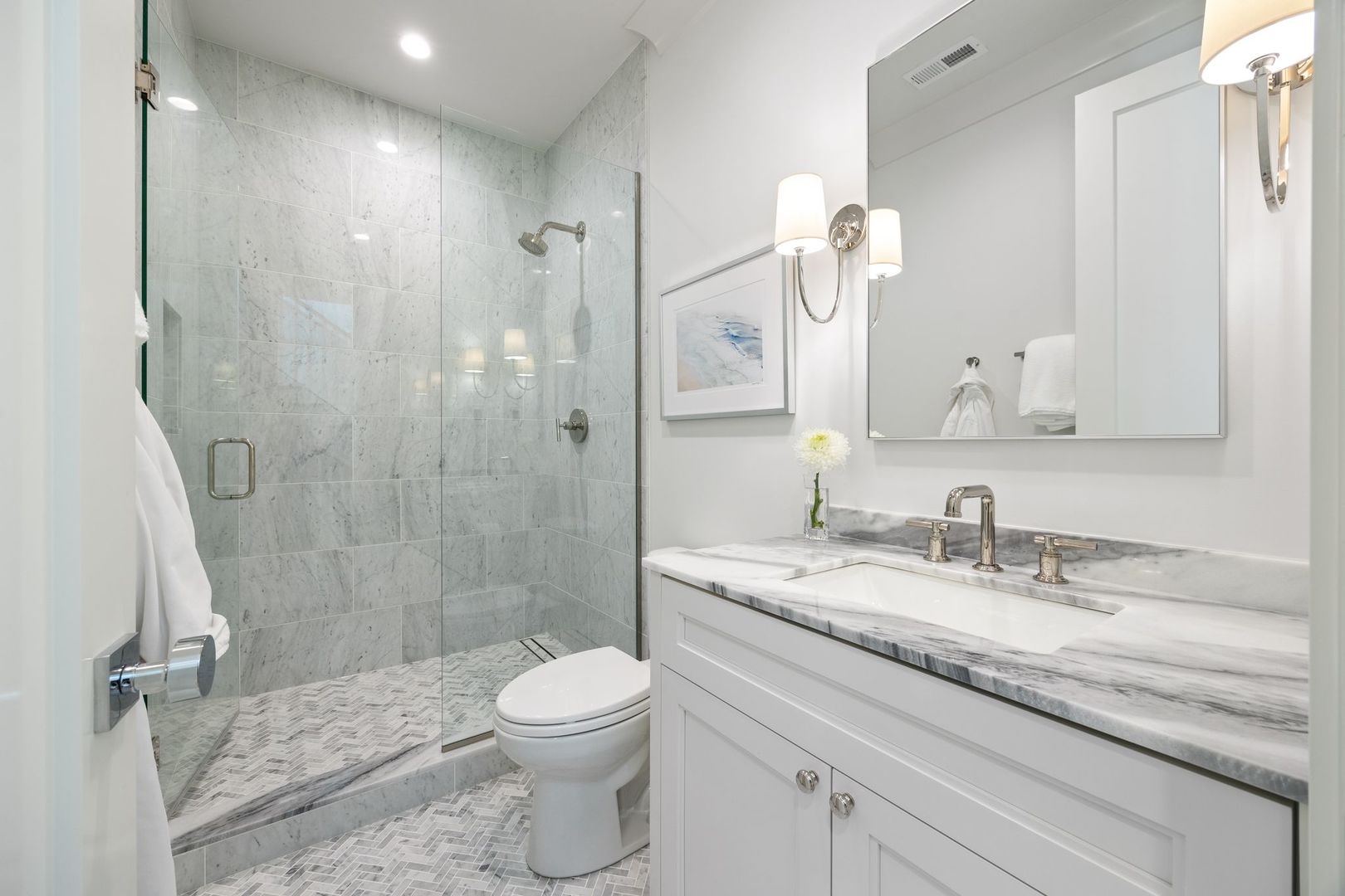2034 North Mohawk Street, Unit 3 Chicago, IL 60614 - Photo 35 of 46 a bathroom with a granite countertop sink a toilet and shower