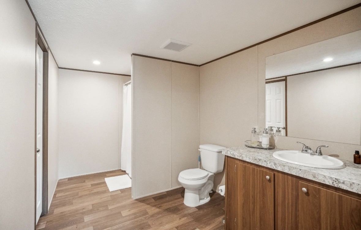 989 Ferguson Loop Dale Dale, TX 78616 - Photo 16 of 21 Bathroom with light wood finished floors, vanity, a shower with curtain, recessed lighting, and crown molding