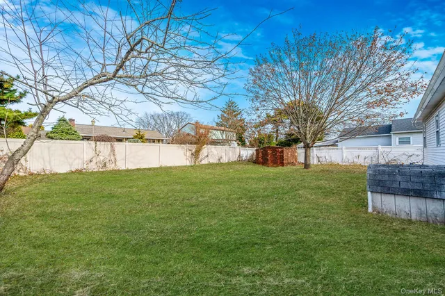 a view of a backyard with large tree