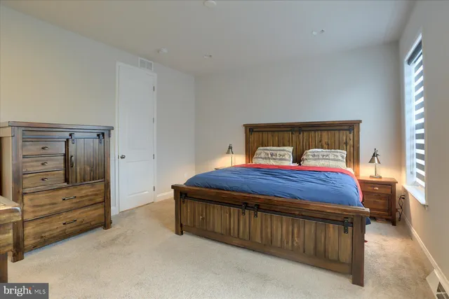 a bedroom with a bed and a closet