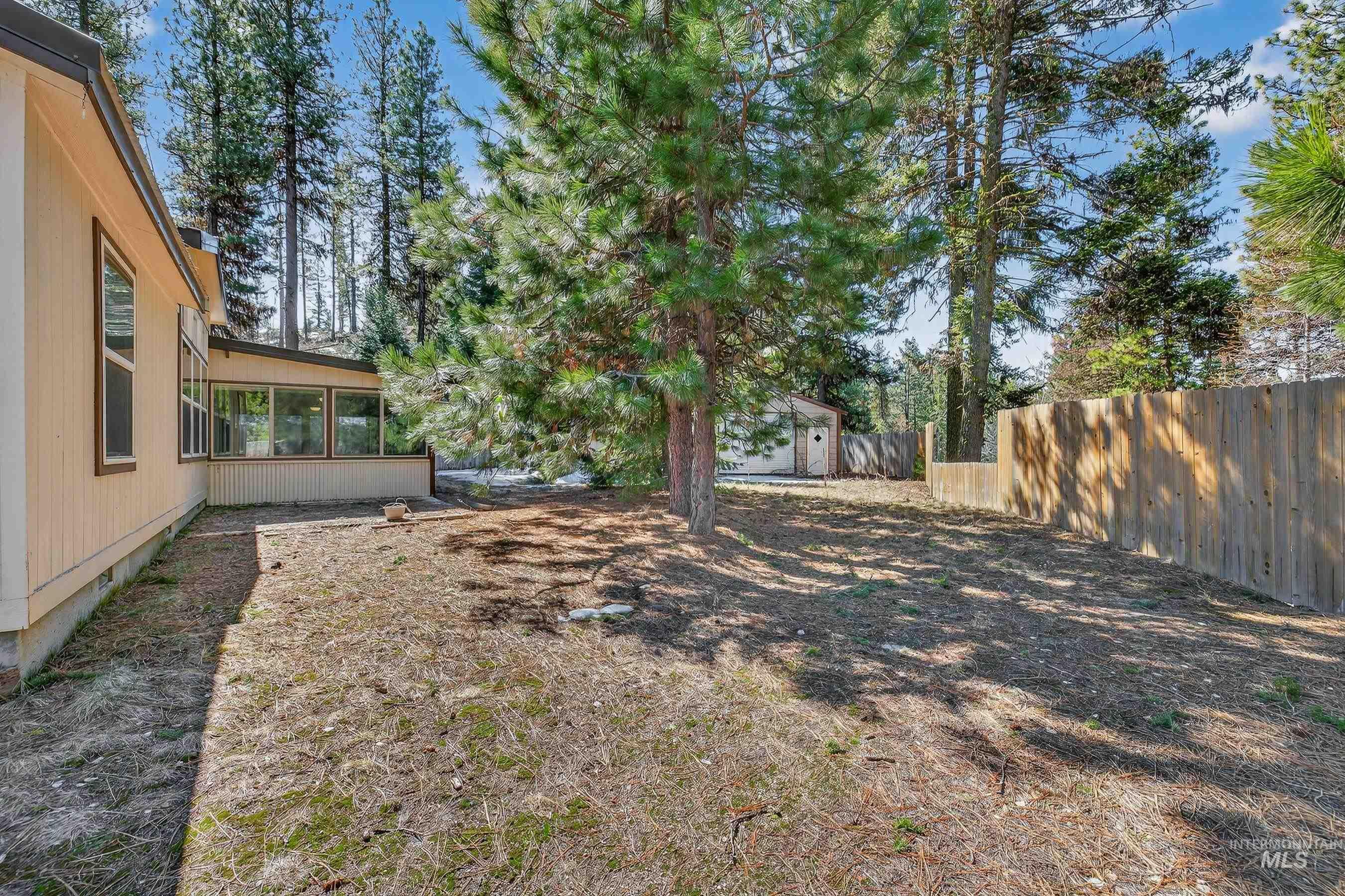 1649 Crown Point Parkway Cascade, ID 83611 - Photo 22 of 24 Expansive backyard featuring mature pine trees, a wood privacy fence, and a detached storage shed