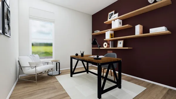 a view of a workspace room with furniture and wooden floor
