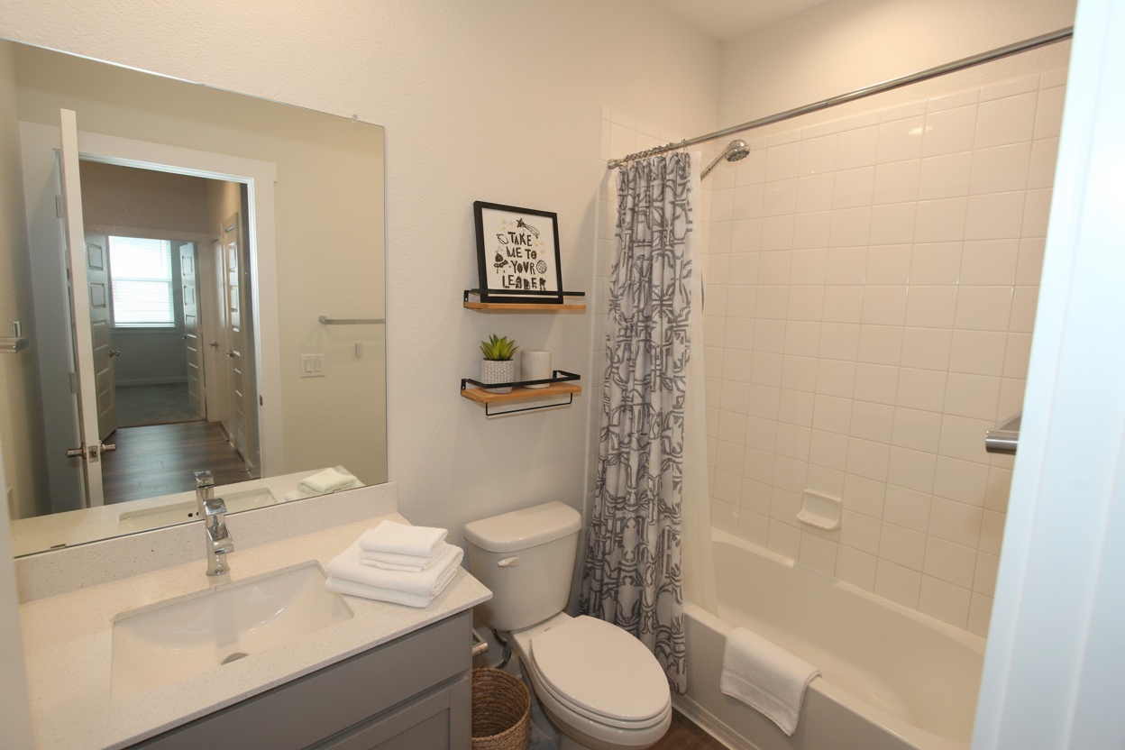100 Century Plant Road Leander, TX 78641 - Photo 19 of 36 A well-appointed 2nd bath features a spacious vanity with an integrated sink and bright white tiling surrounding the tub.