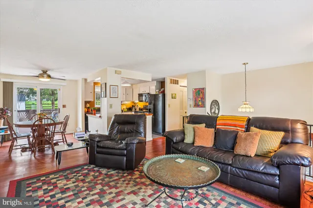 a living room with furniture a rug a fireplace and a large window