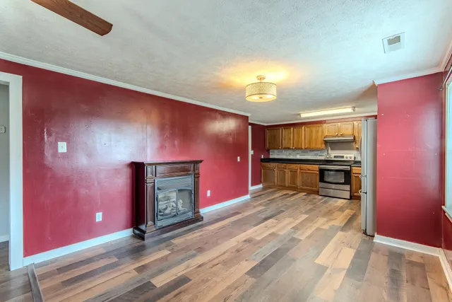 a view of a livingroom with a fireplace