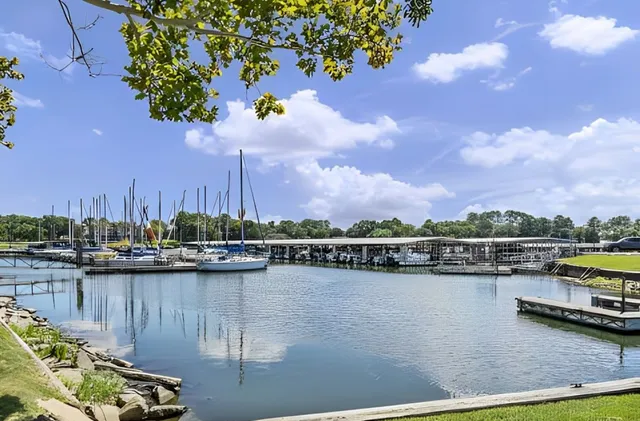 a view of a lake with a city