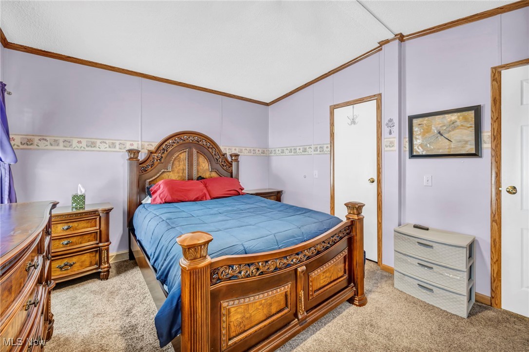 27202 Cook Road, Unit 95 Olmsted Falls, OH 44138 - Photo 20 of 46 Bedroom featuring crown molding, light colored carpet, and vaulted ceiling