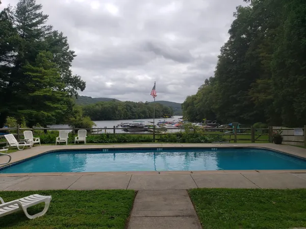 a view of a swimming pool with lounge chair