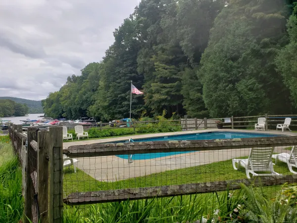a view of a swimming pool with a garden and trees