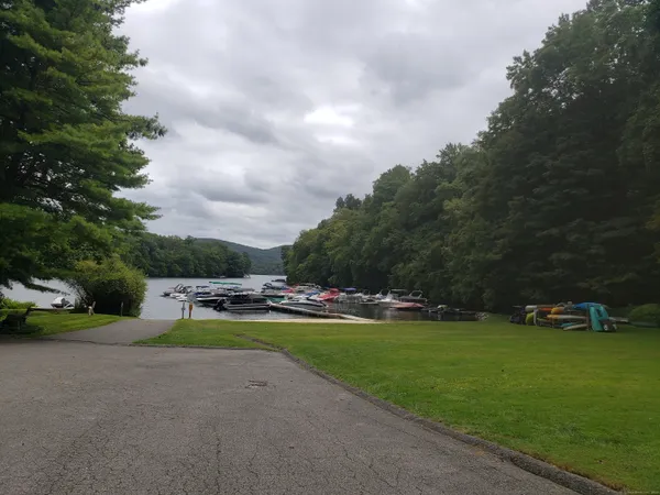 a view of a swimming pool and lake