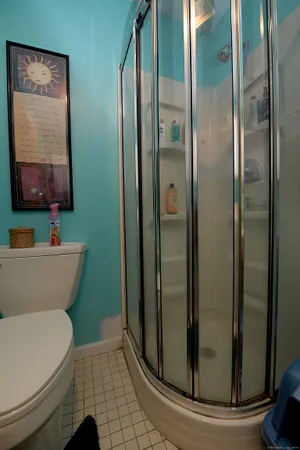 a bathroom with a toilet and a shower
