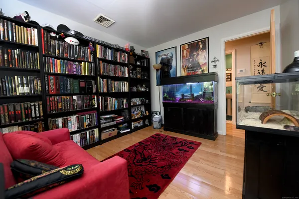 a living room with furniture and a book shelf