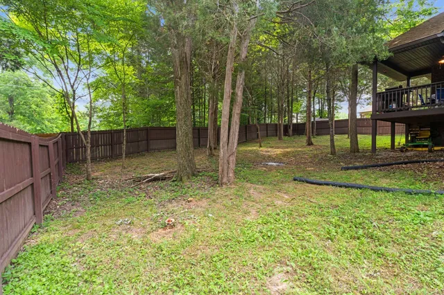 a backyard of a house with lots of plants and large tree