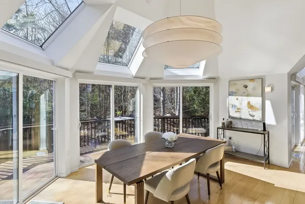 a view of a dining room with furniture window and outside view