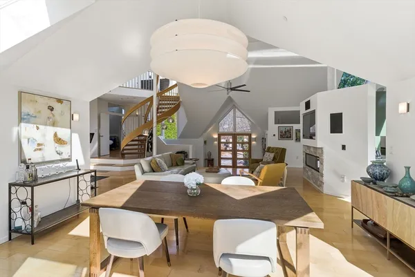 a view of a dining room with furniture