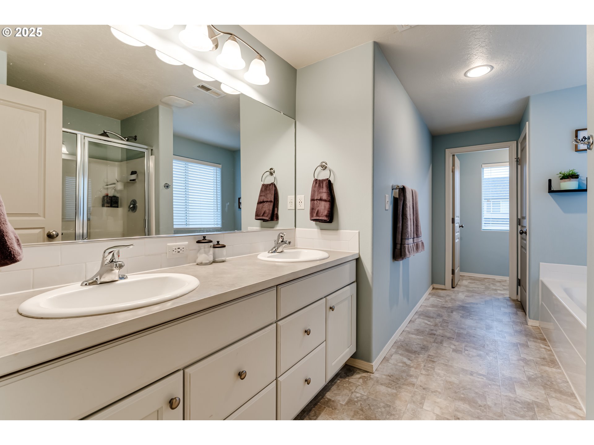 4685 Glacier Meadows Loop Springfield, OR 97478 - Photo 21 of 28 a bathroom with a double vanity sink and a mirror