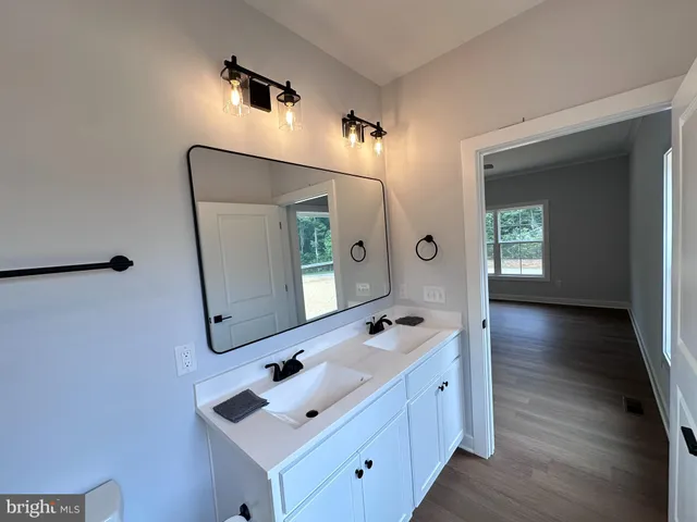 a bathroom with a double vanity sink and mirror with wooden floor