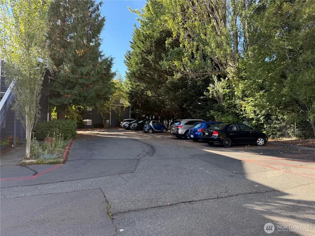 a view of pool with lawn chairs and large trees