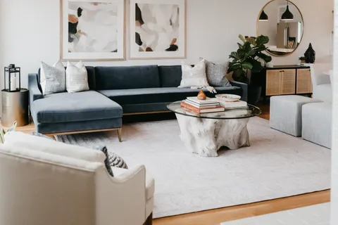 a living room with furniture and a potted plant