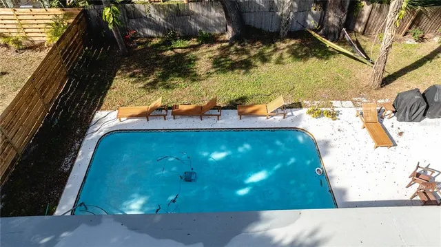 a view of a large yard with plants and large trees