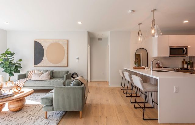 a living room with furniture and a potted plant