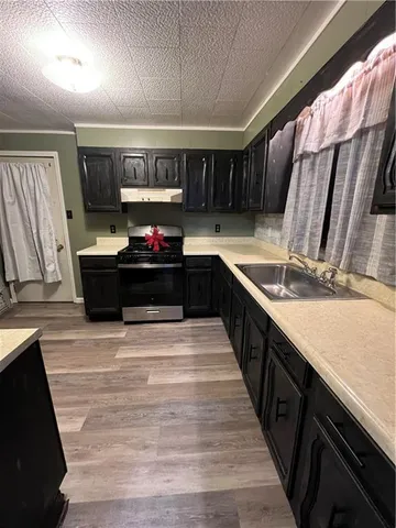 a kitchen with stainless steel appliances granite countertop a sink and a stove
