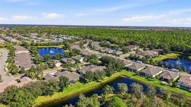 an aerial view of residential houses with outdoor space and trees