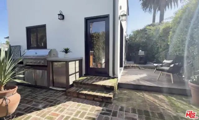 a living room with furniture rug and a potted plant