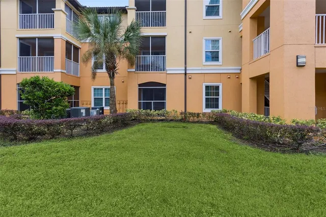 a view of a lake with a garden