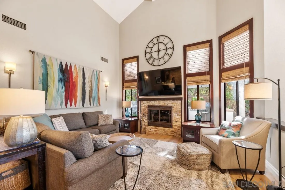 12904 Stone Canyon Road Poway, CA 92064 - Photo 32 of 72 a living room with furniture a flat screen tv and a fireplace