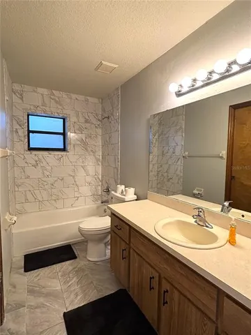 a bathroom with a sink a toilet a mirror and bathtub