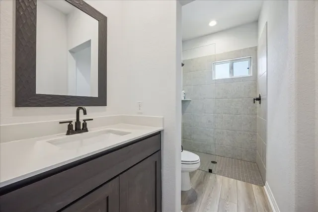 a bathroom with a sink a toilet and shower