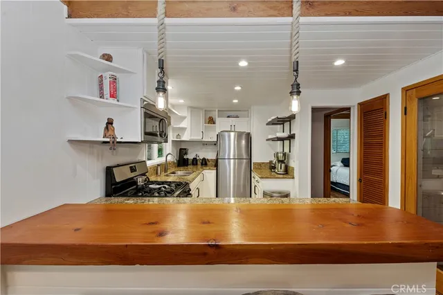 a room with kitchen island
