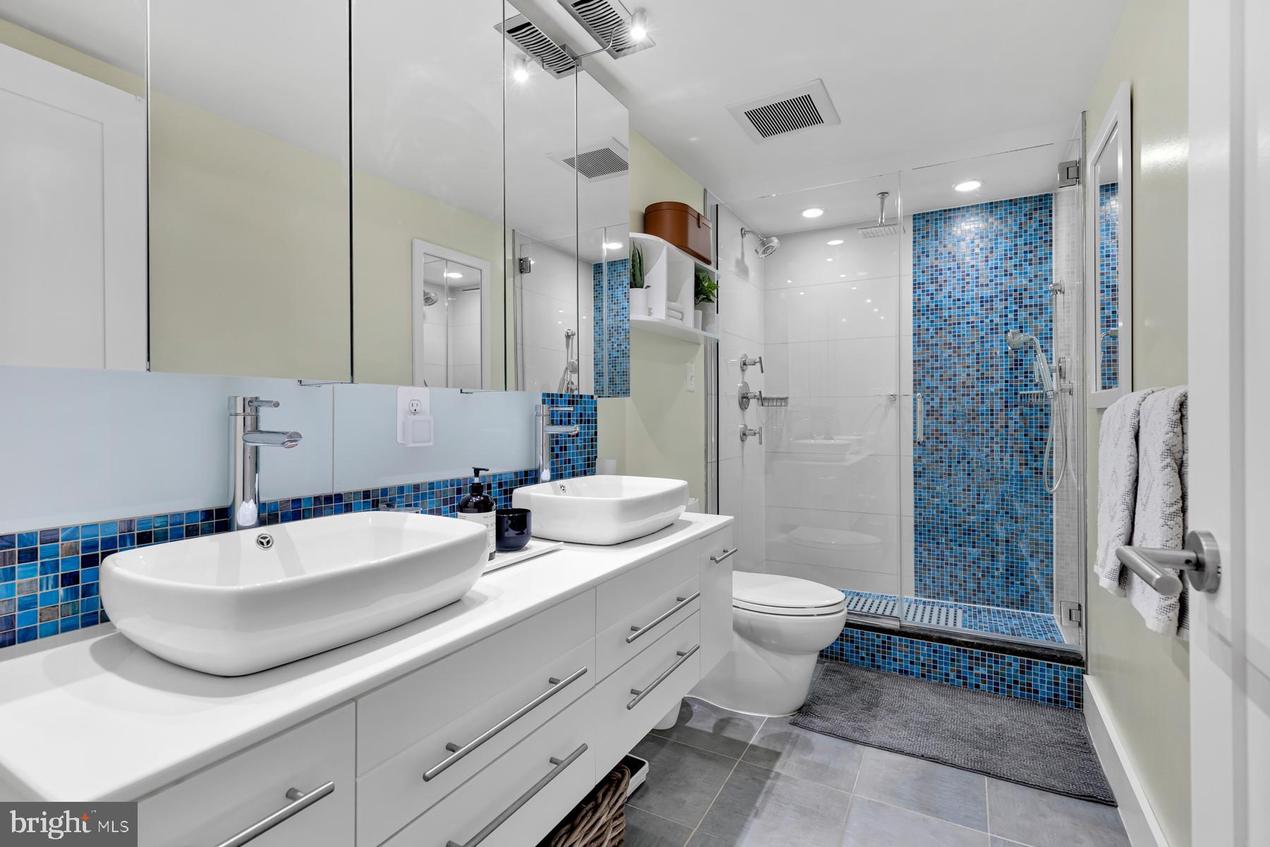 801 Q Street Northwest, Unit 1 Washington, DC 20001 - Photo 31 of 39 a bathroom with a double vanity sink toilet and shower