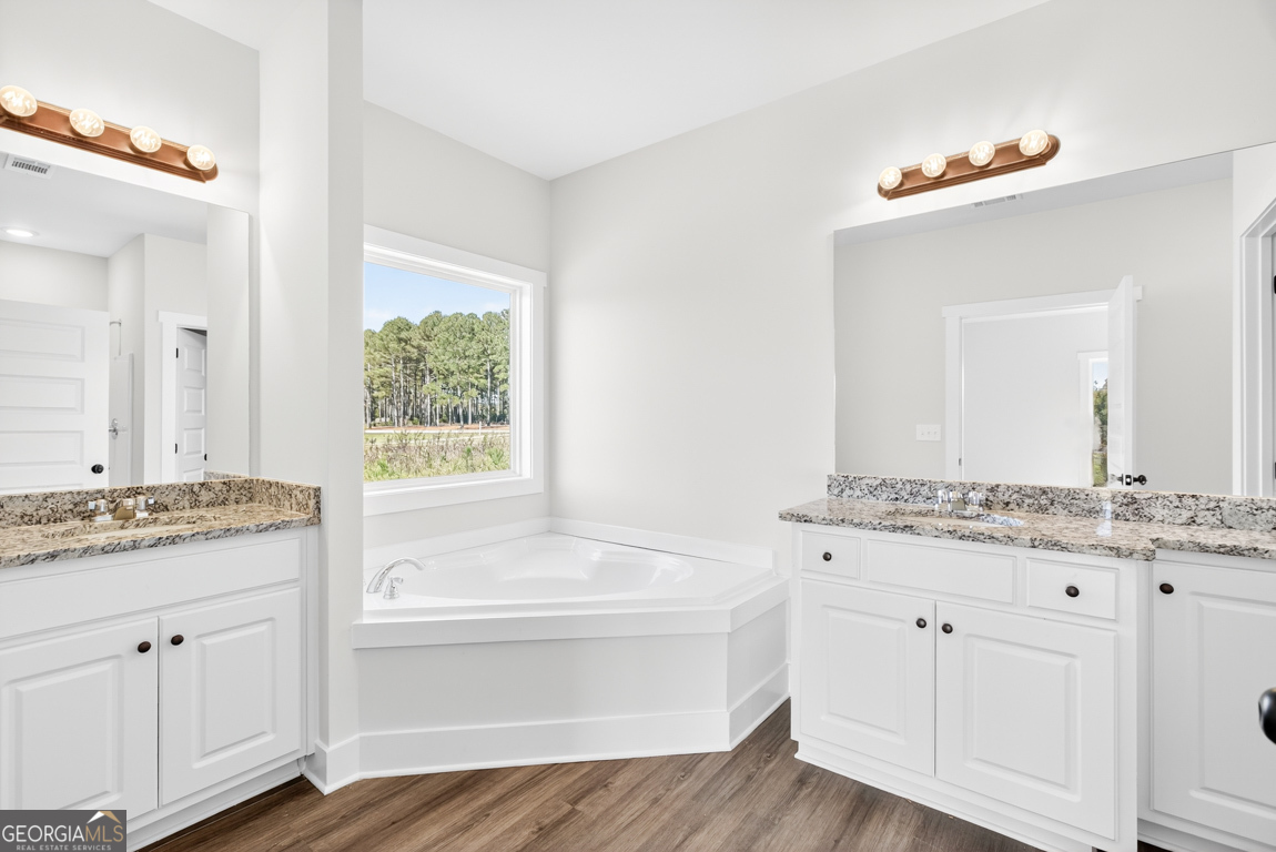 2611 Bethany Bowersville Road, Unit 5 Canon, GA 30520 - Photo 41 of 47 a bathroom with a granite countertop sink mirror and bathtub