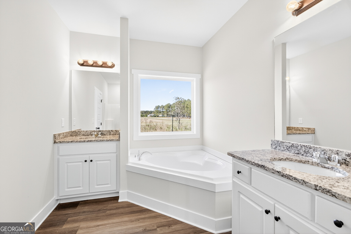 2611 Bethany Bowersville Road, Unit 5 Canon, GA 30520 - Photo 43 of 47 a bathroom with a granite countertop bathtub a sink and a mirror
