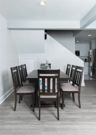 a view of a dining room with furniture