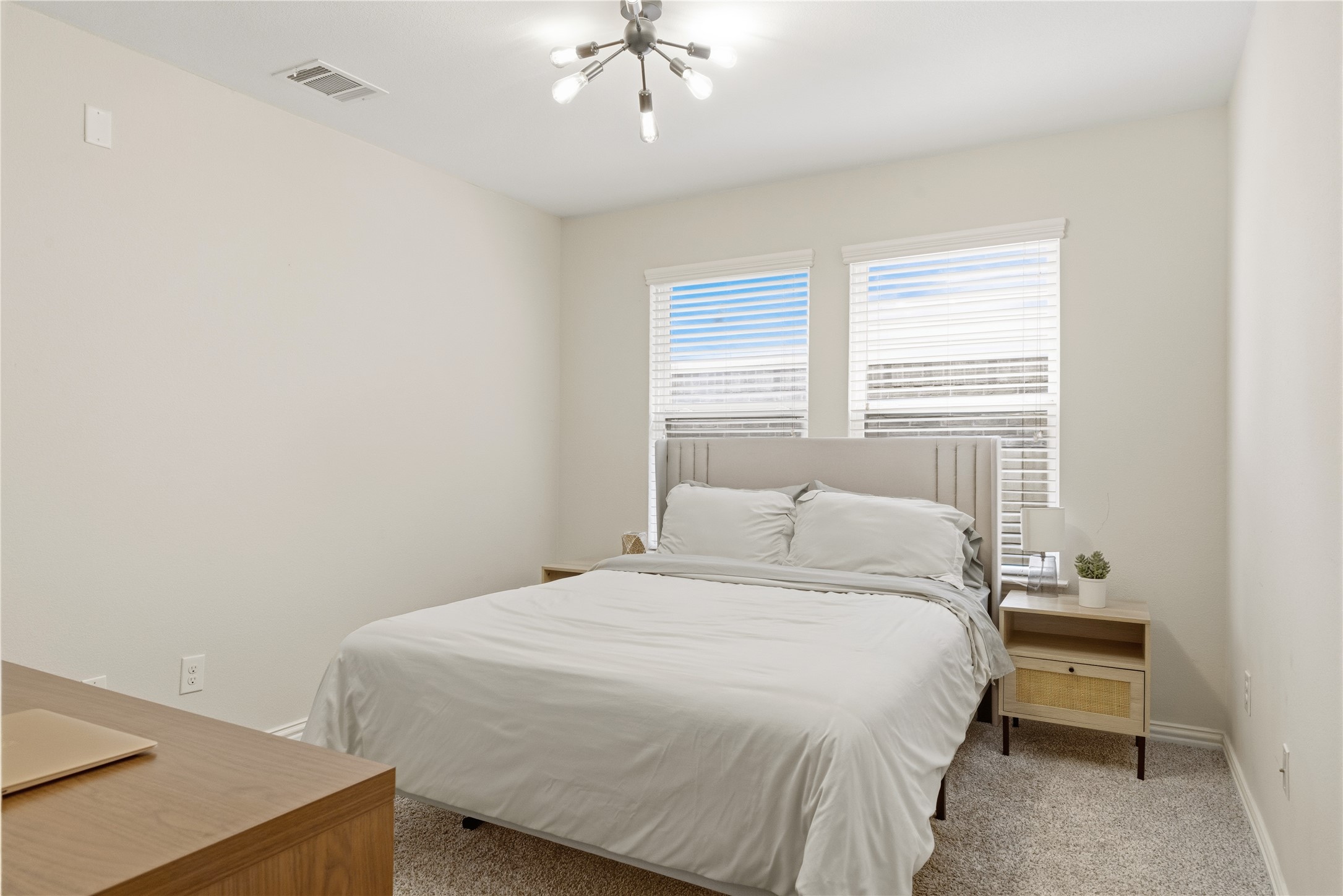486 Pond View Pass Buda, TX 78610 - Photo 27 of 39 Carpeted bedroom featuring two windows with horizontal blinds, a ceiling-mounted light fixture, and neutral wall tones